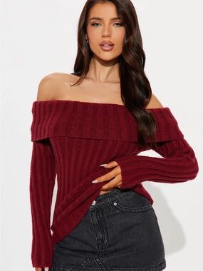 Fashion Nova Off-the-Shoulder Ribbed Sweater - Burgundy